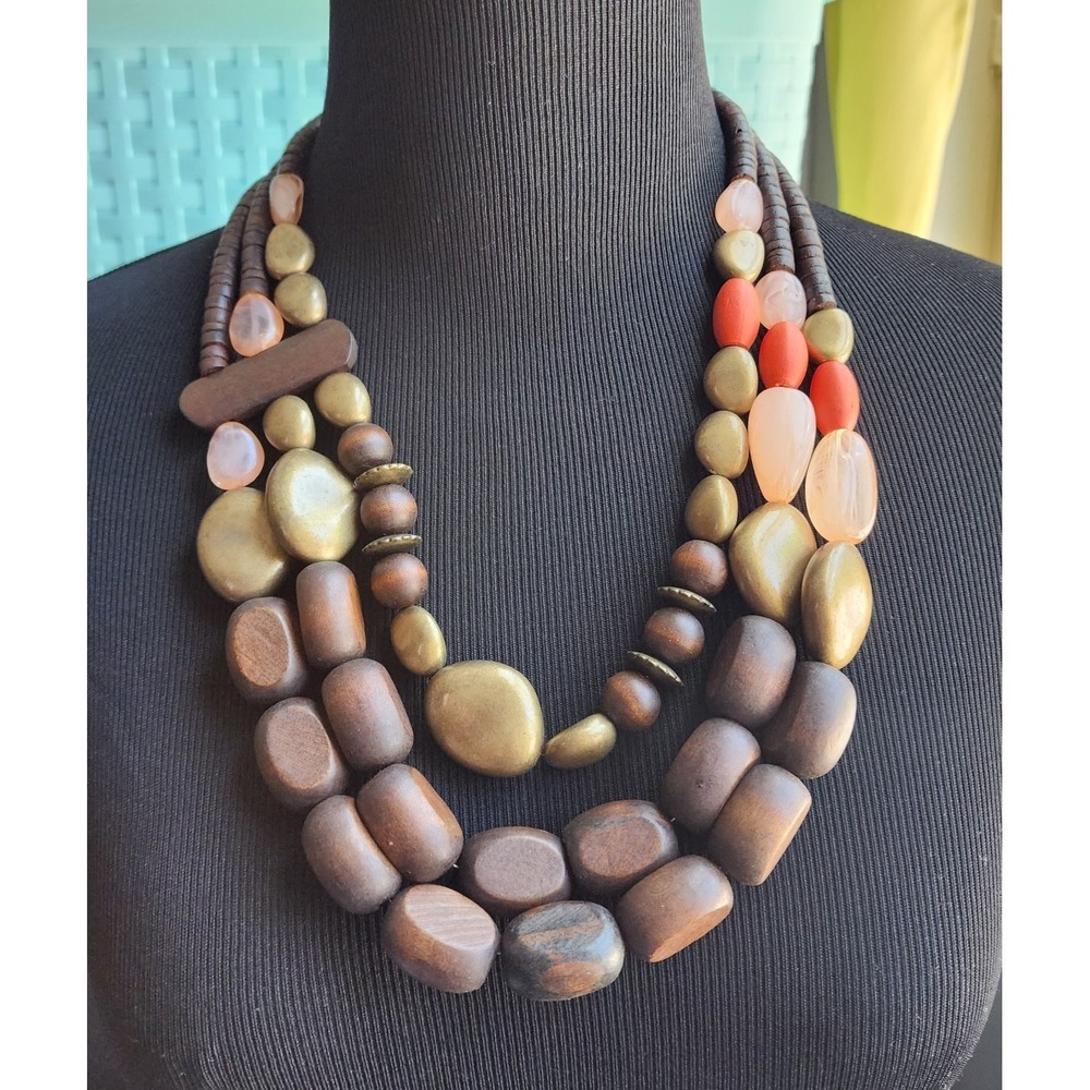 3-Strand Wood Bead & Chunk Dark Wood Earth Tones Pink Orange Necklace‎